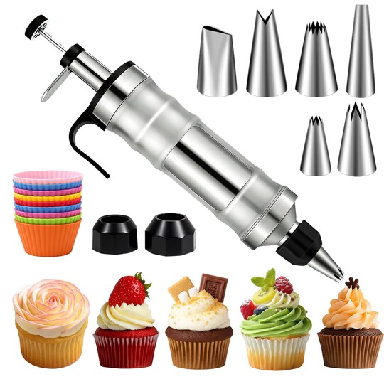 StaticPoster; Dessert Decorating Syringe Set, Icing Piping Kit Stainless Steels Cake Decorating Tools 6 Piping Icing Nozzles Cupcake Decorating Kit; Category:Piping Tips; Image:1